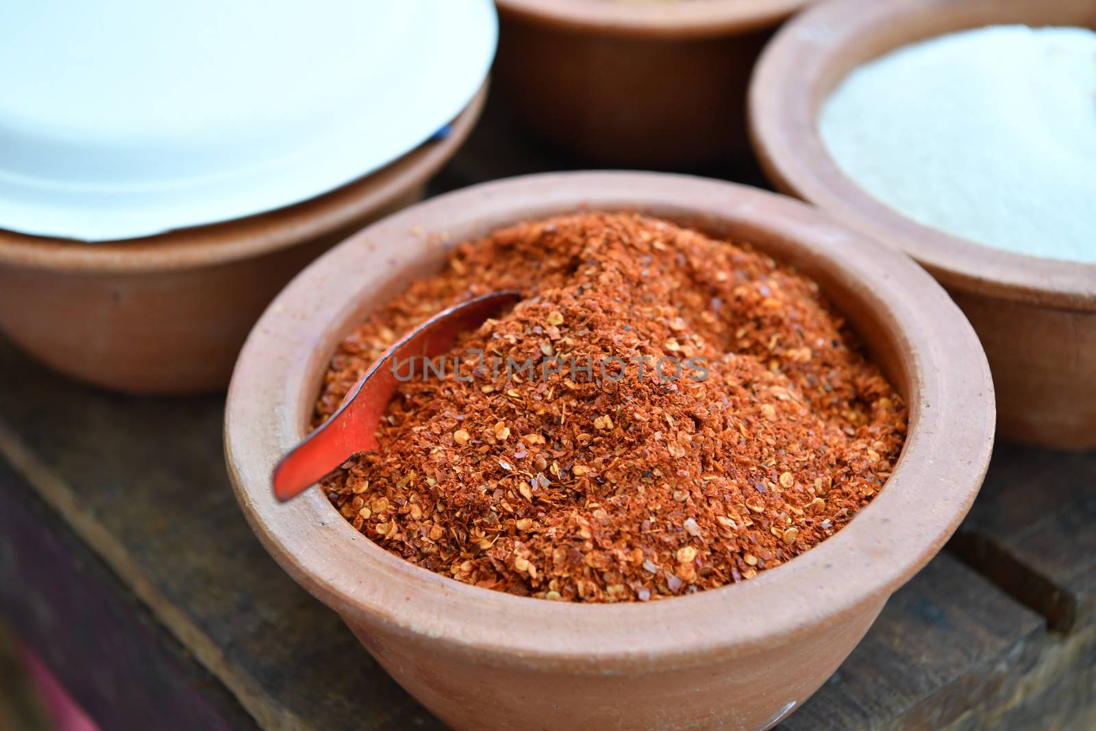 Cayenne pepper, fried chili and grinding, is ingredients for spicy thai food.