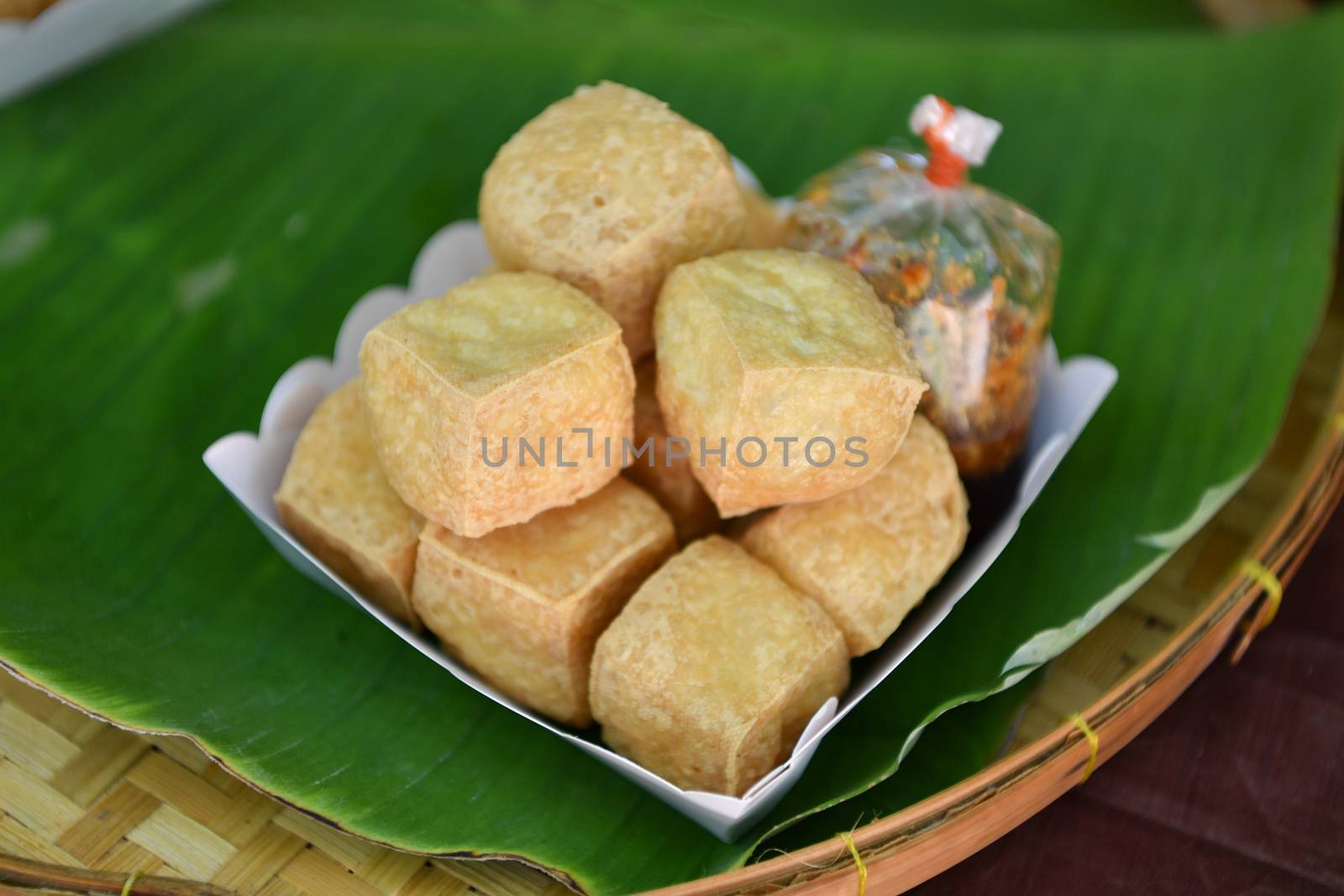 Fried tofu on banana leaves. Thai food.