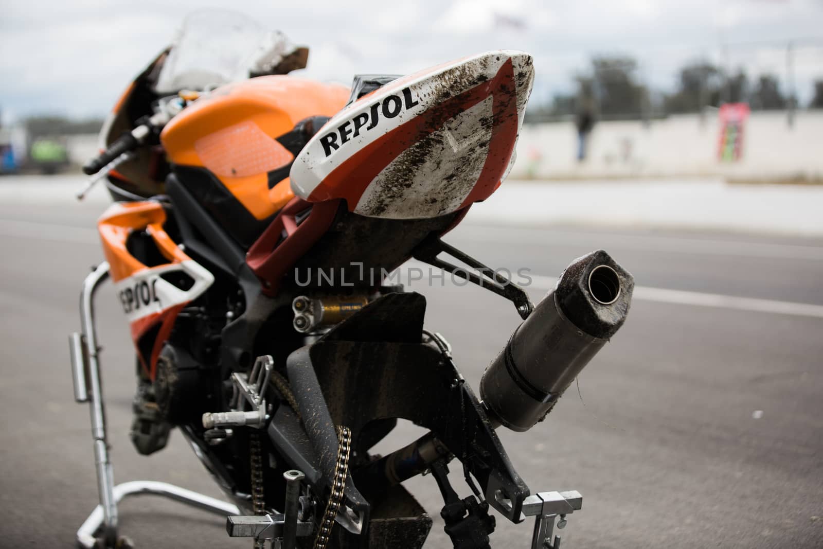 MELBOURNE/AUSTRALIA - OCTOBER 1, 2016: Repsol Triumph's entry, Mark Chiodo (12) after a major crash on turn 10 at the YMF Australian Superbiike Championshihp Round 6 at Winton Raceway, October 1, 2016.