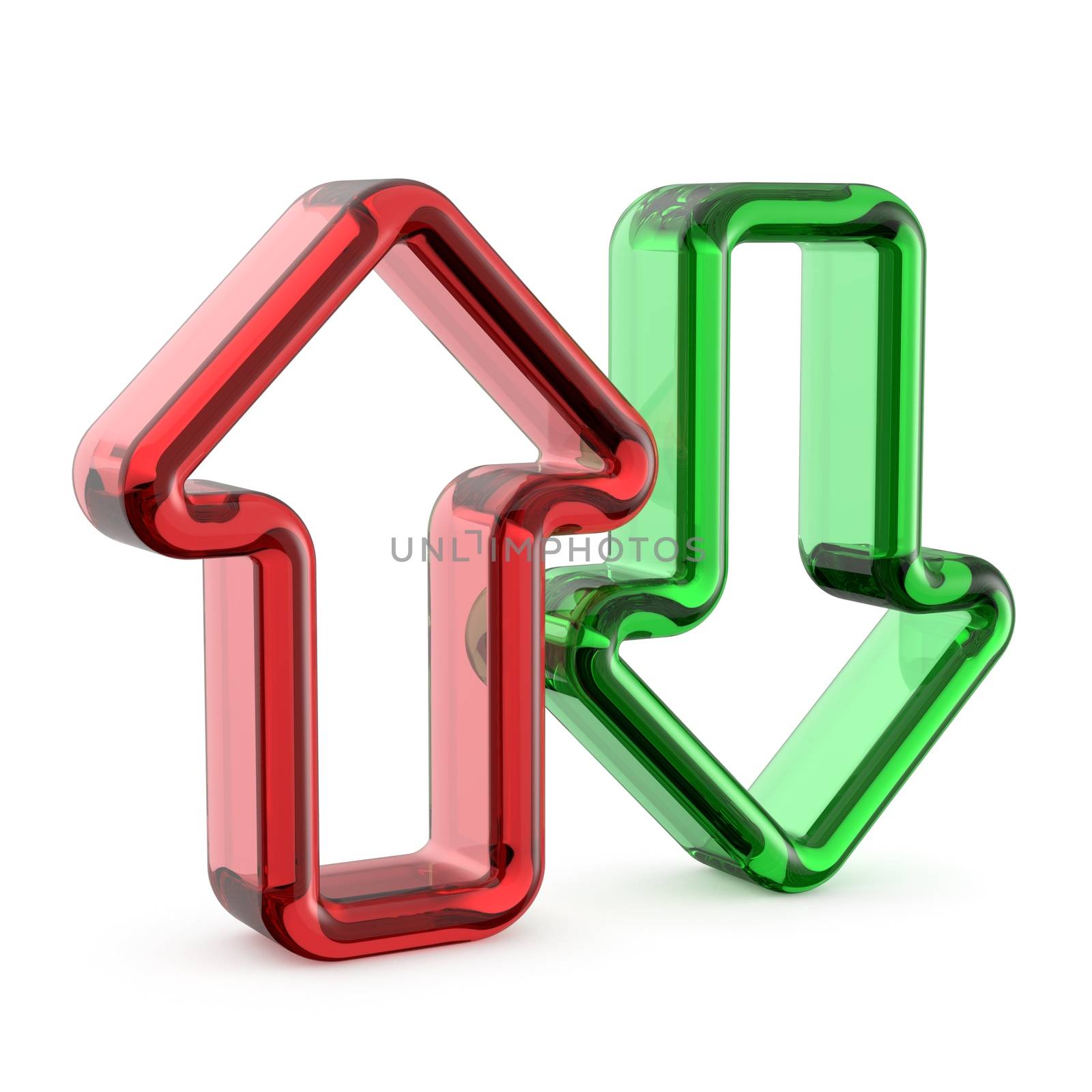 Cristal red and green arrows icon 3D render illustration isolated on white background