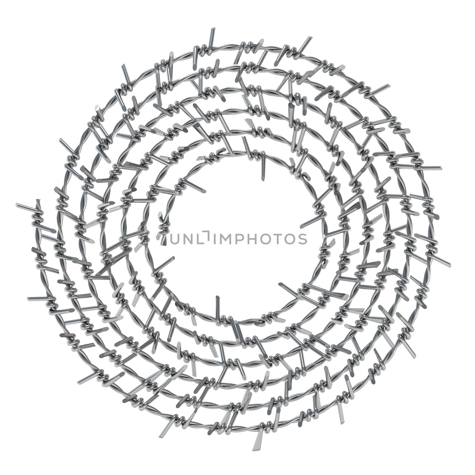 Spiral barbed wire front view 3D render illustration isolated on white background