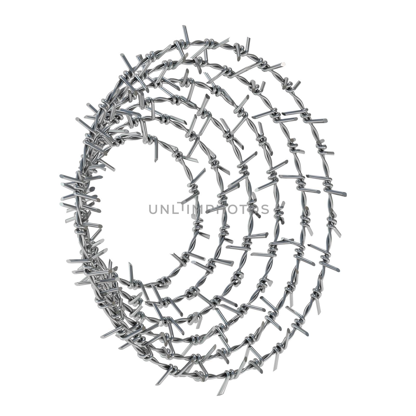 Spiral barbed wire side view 3D render illustration isolated on white background