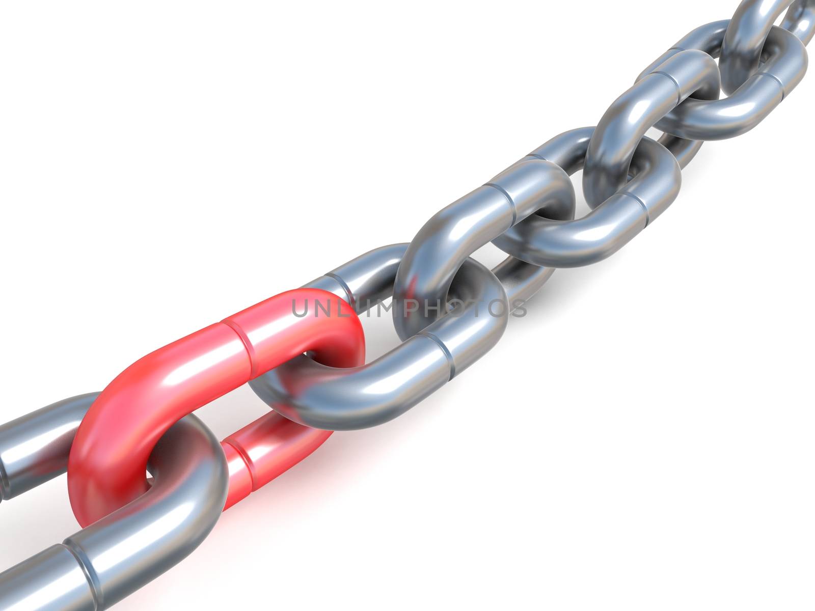 Chain with one red link 3D render illustration isolated on white background