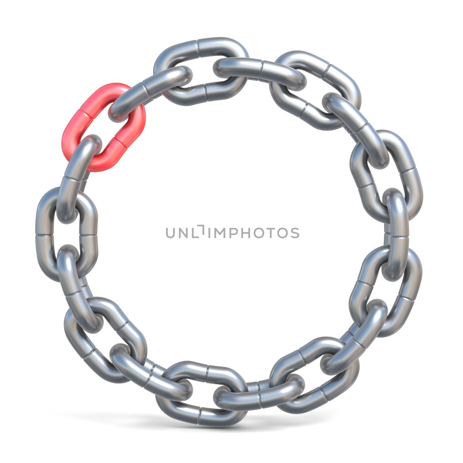 Circle chain with one red link 3D render illustration isolated on white background
