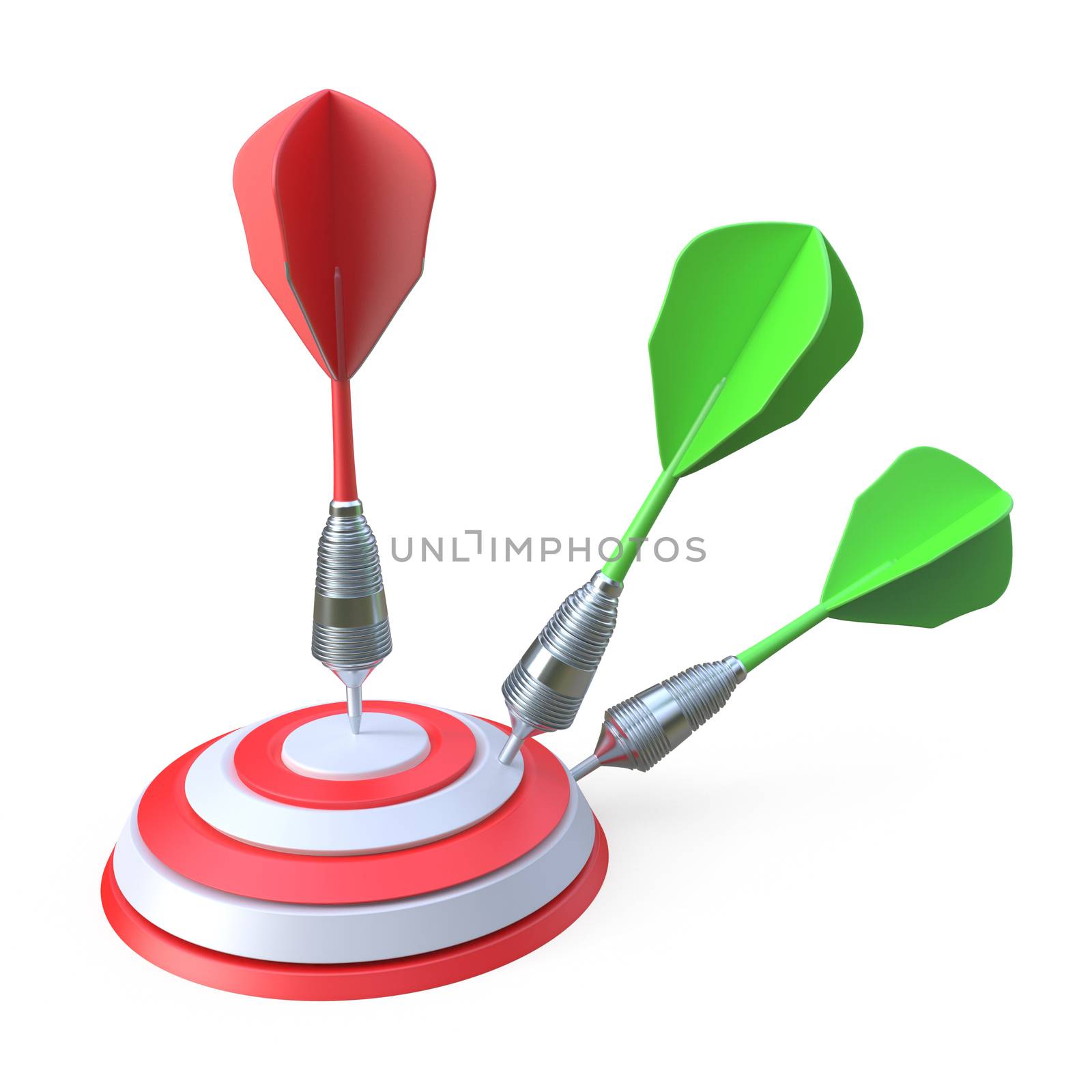 Darts hitting a target 3D render illustration isolated on white background