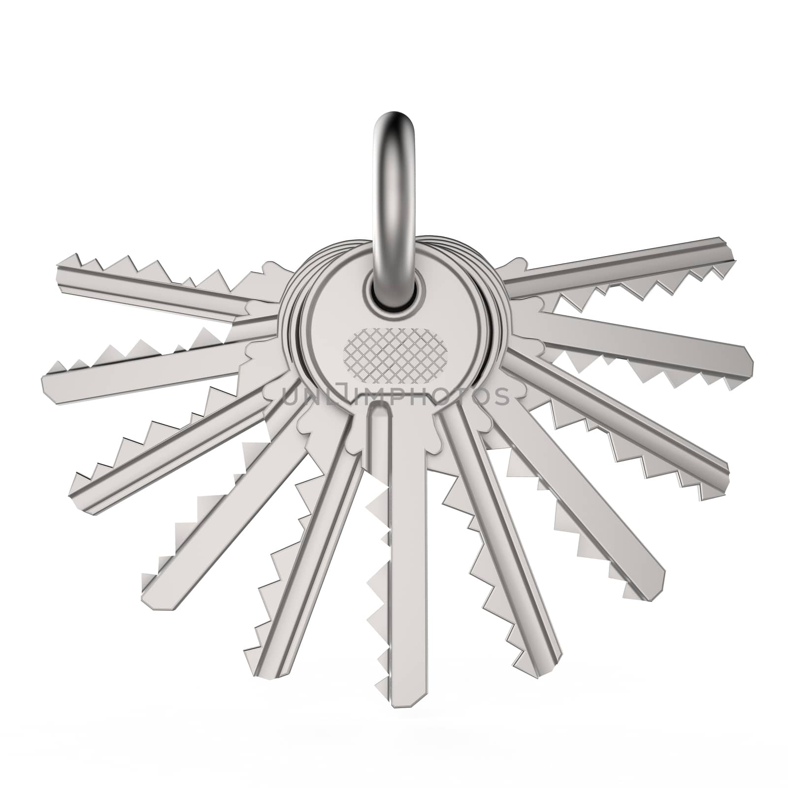 Pile of keys, front view 3D render illustration isolated on white background
