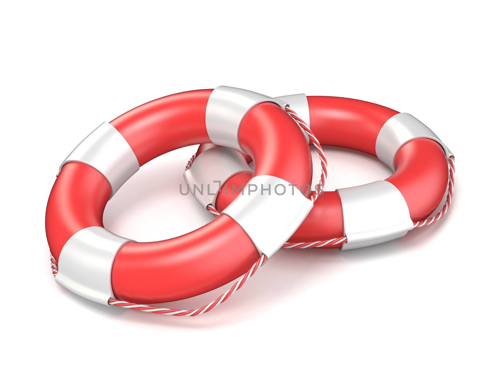 Two red life buoys 3D render illustration isolated on white background