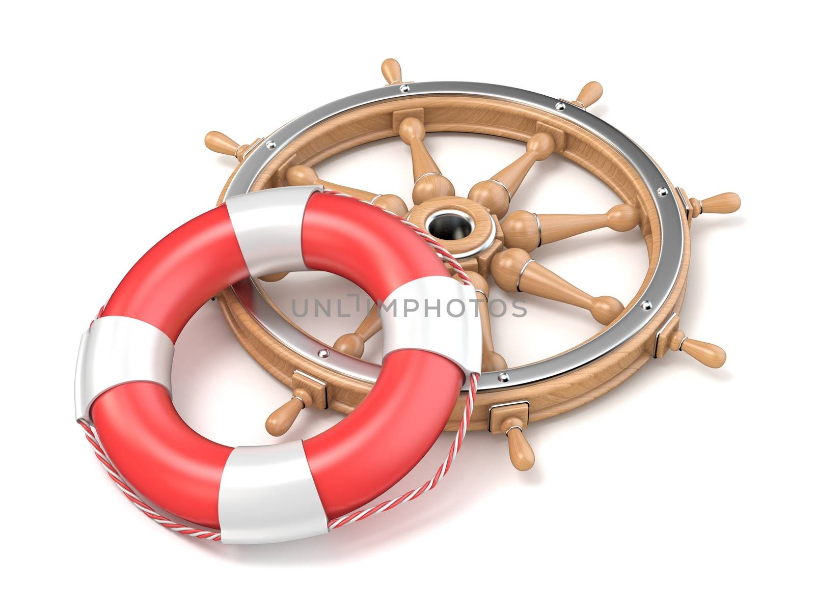 Wooden ship wheel and life buoy 3D render illustration isolated on white background