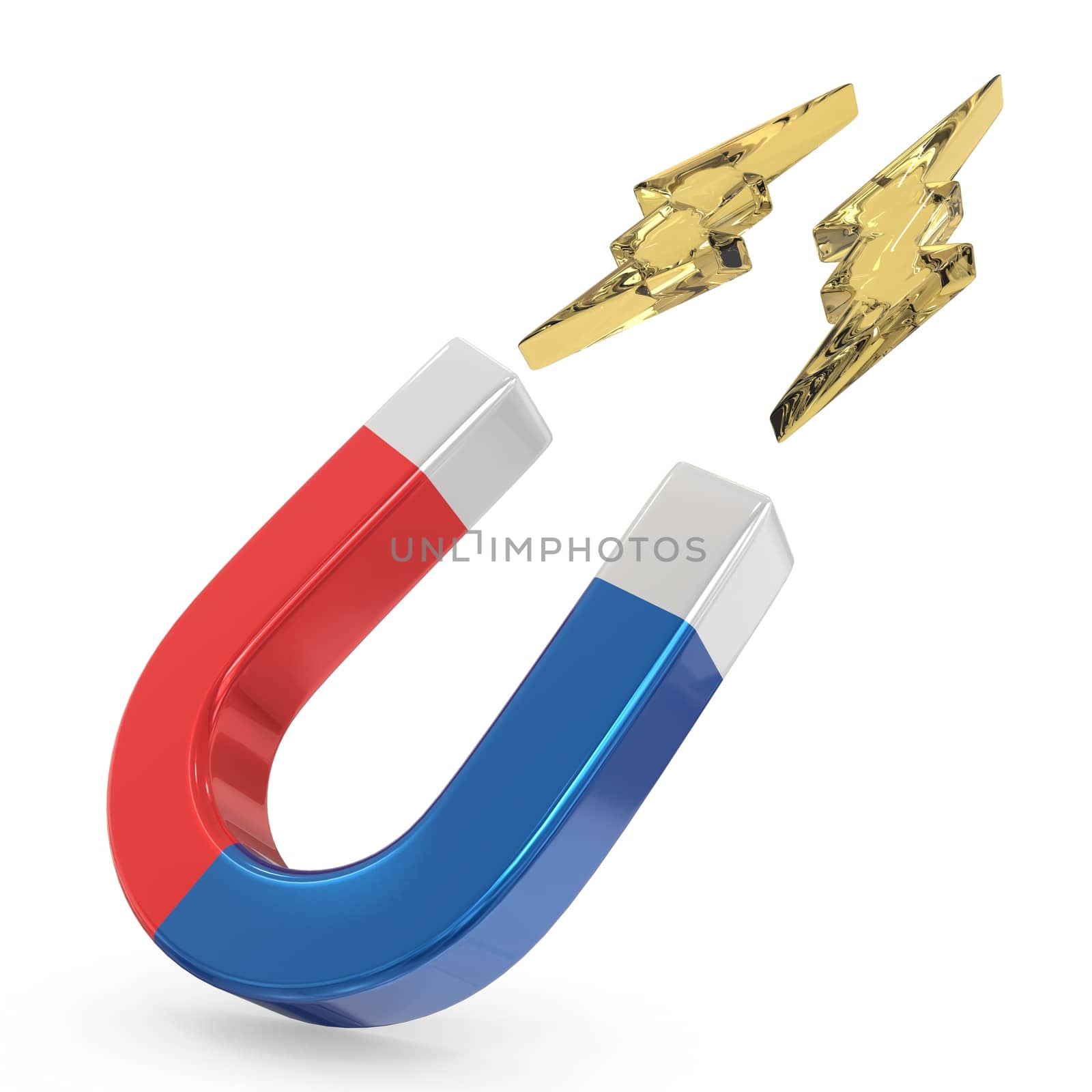 Red and blue horseshoe magnet, side view 3D render illustration isolated on white background