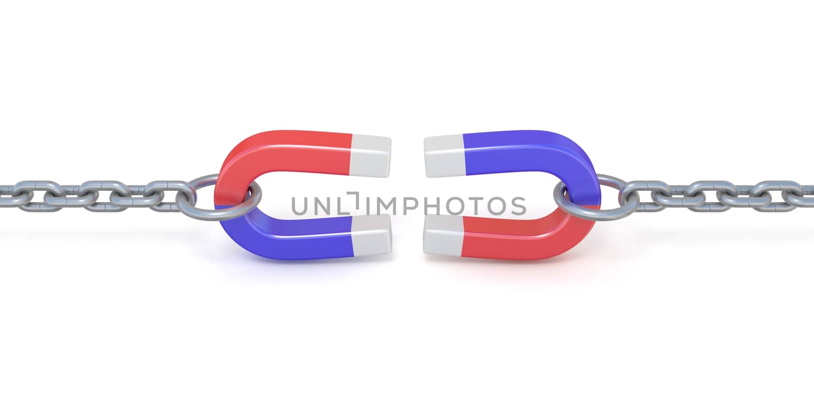 Two red and blue horseshoe magnet on chains 3D render illustration isolated on white background