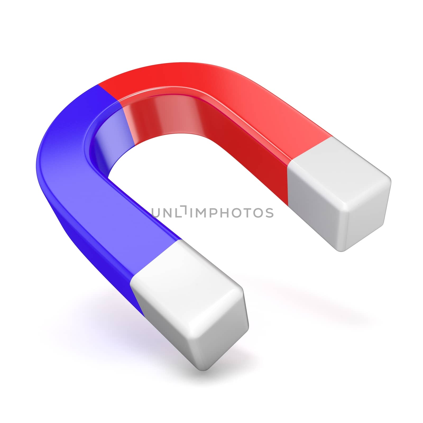Red and blue horseshoe magnet, side view 3D render illustration isolated on white background