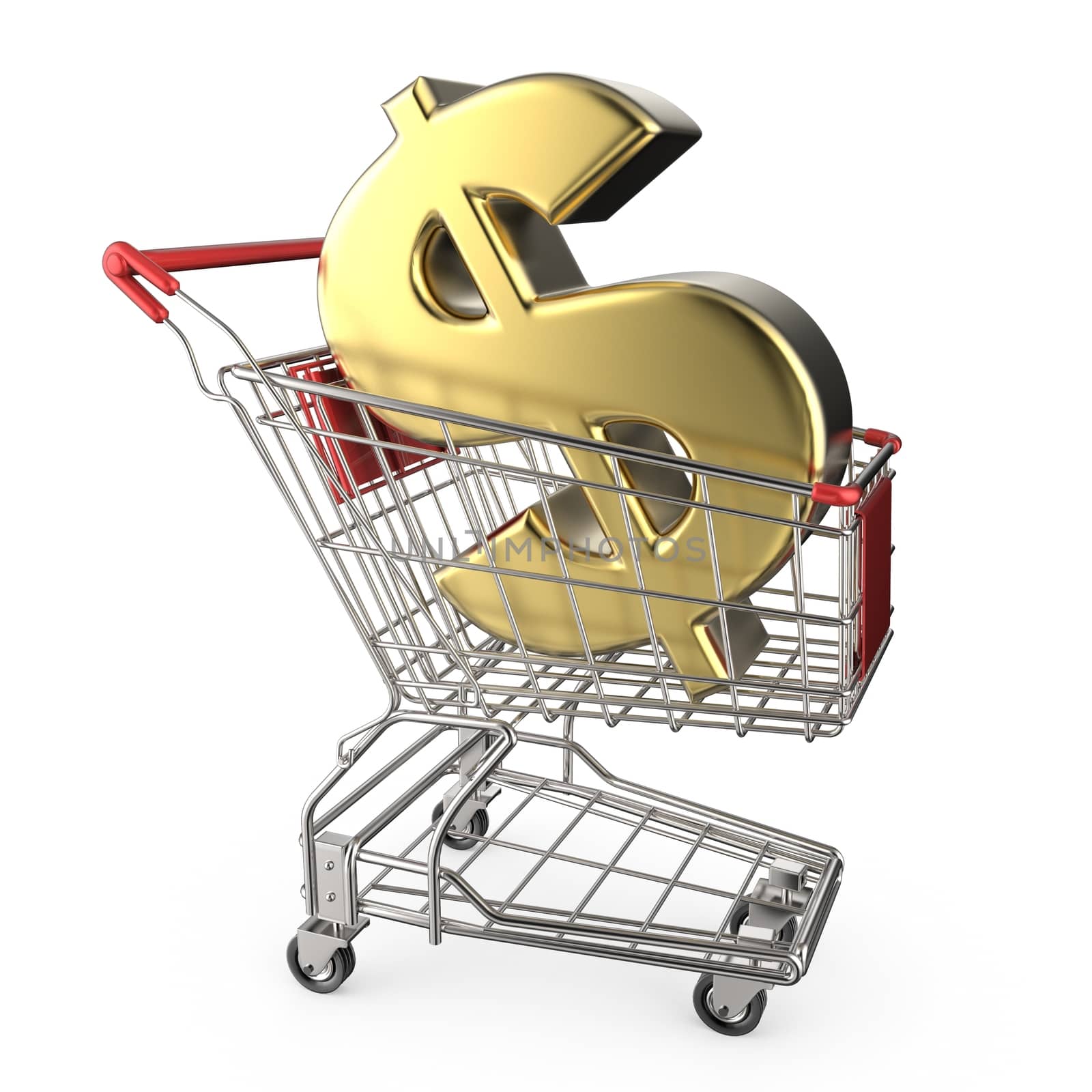 Red shopping cart with golden dollar currency sign 3D render illustration isolated on white background