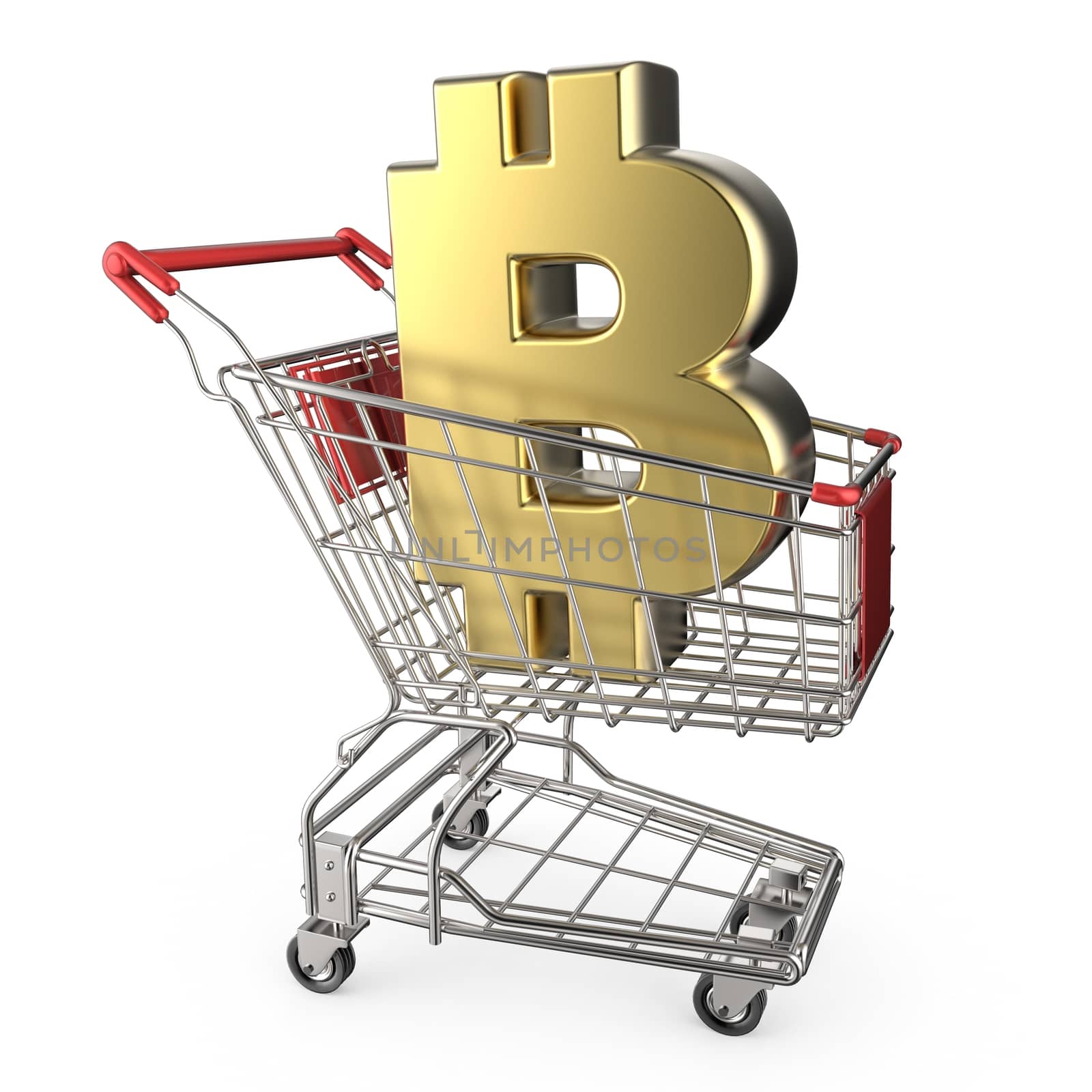 Red shopping cart with golden bitcoin currency sign 3D render illustration isolated on white background