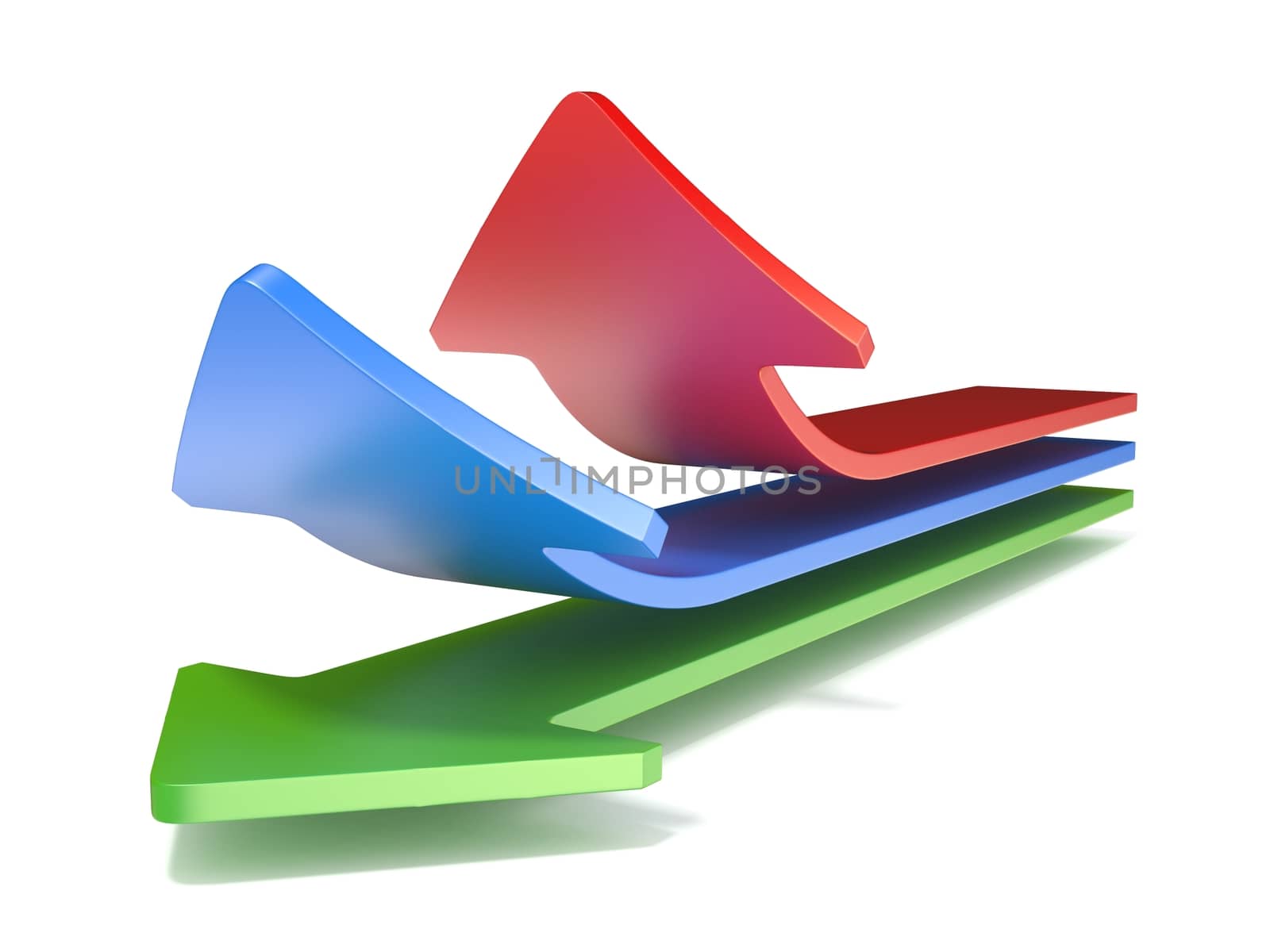 Three way arrows, showing three different directions upward. 3D render illustration isolated on white background