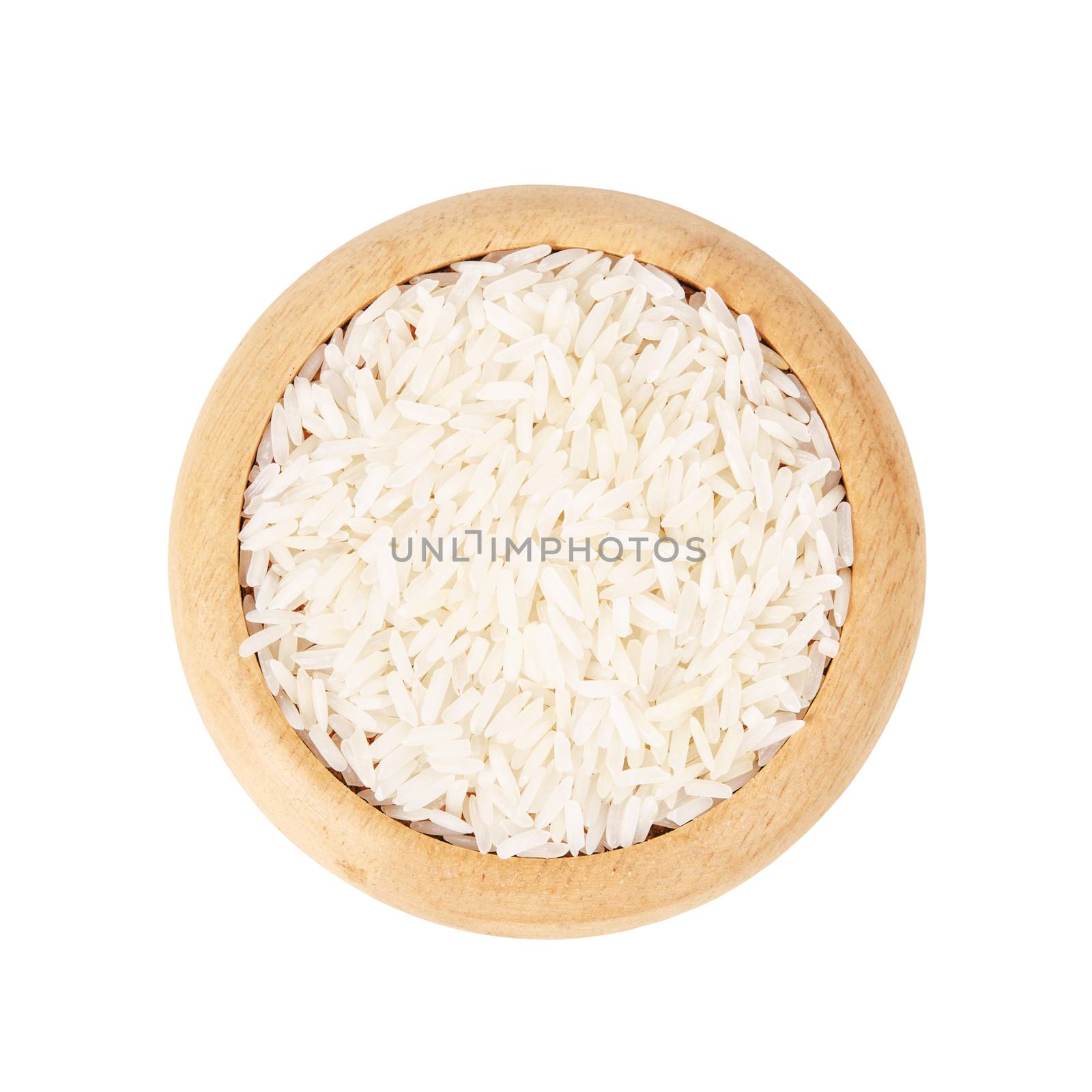 Raw white rice in wooden dish. by Gamjai