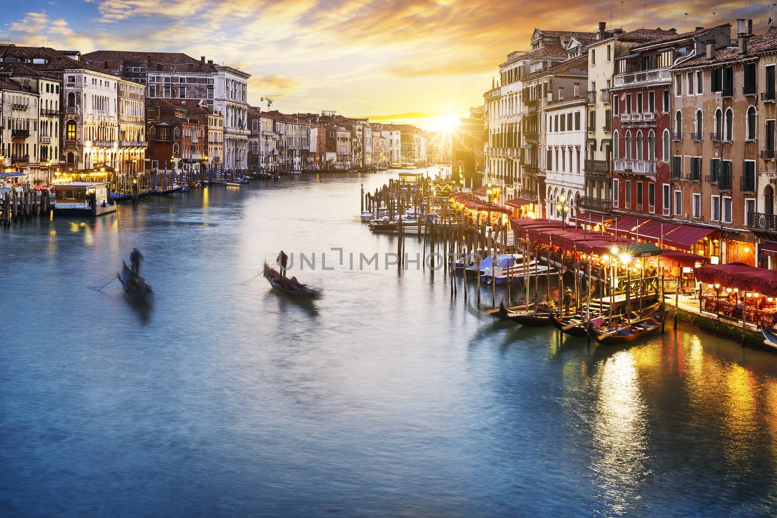 famous grand canale from Rialto Bridge at blue hour, Venice, Italy