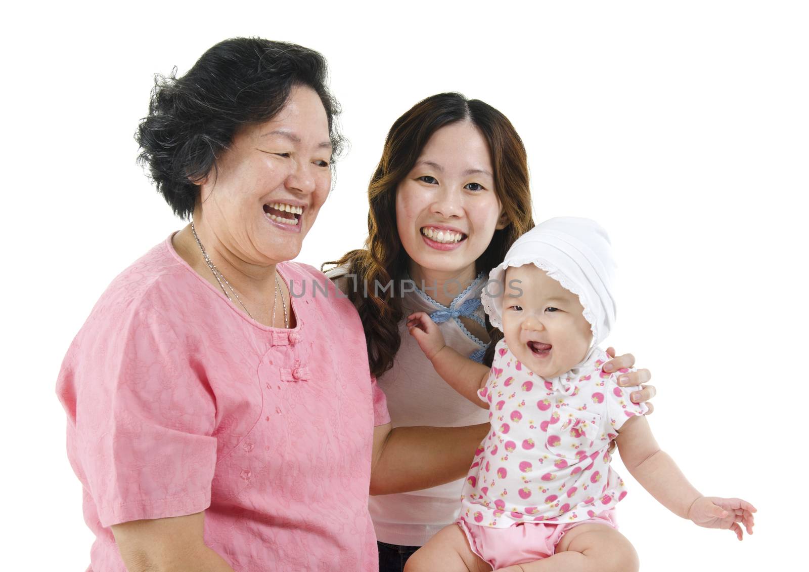 Portrait of happy three generations Asian family, senior woman, adult daughter and baby girl, isolated on white background.
