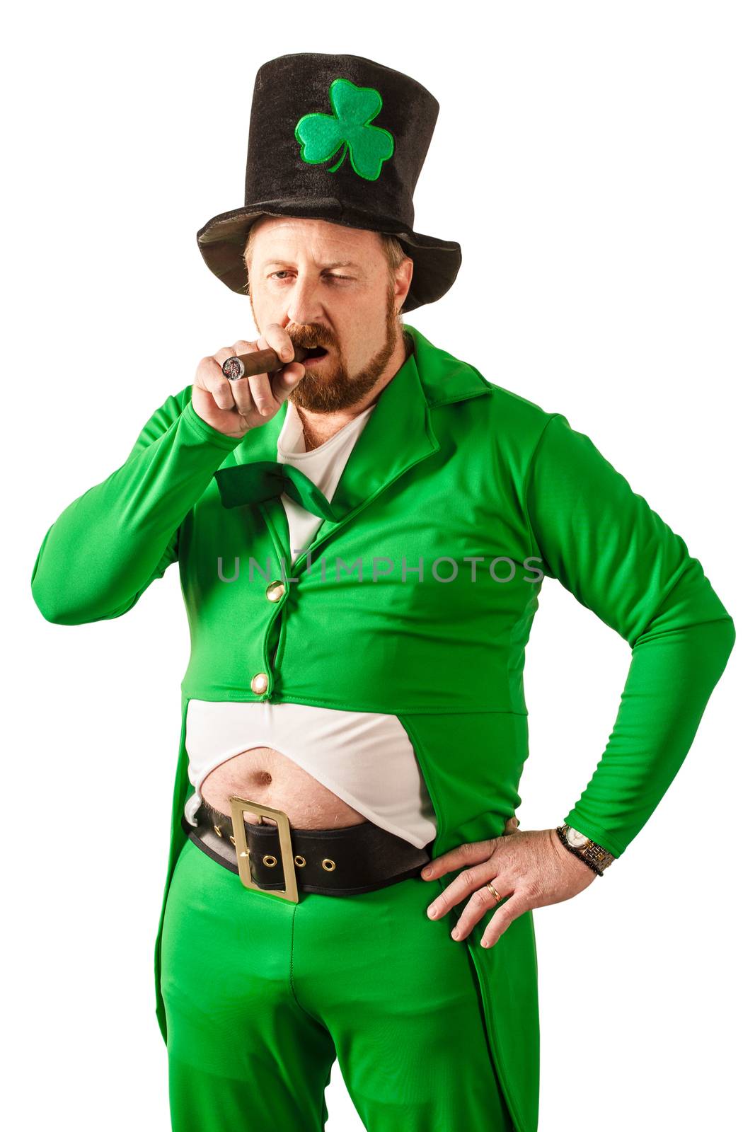 Photo of a man in a Leprechaun costume smoking a cigar.