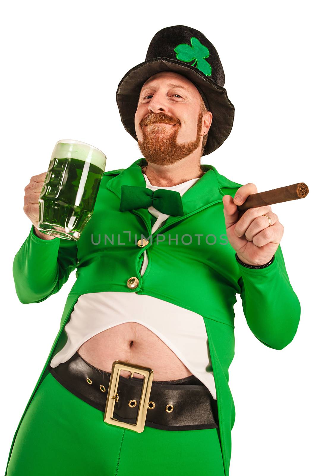 Photo of a man in a Leprechaun costume holding green beer and smoking a cigar.