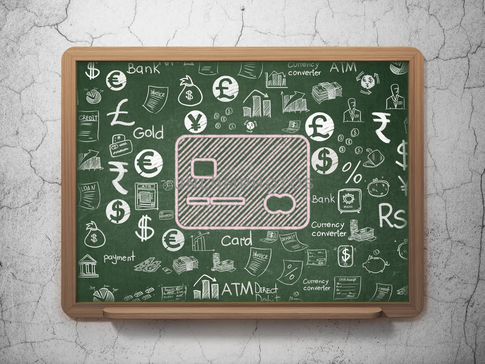 Money concept: Chalk Pink Credit Card icon on School board background with  Hand Drawn Finance Icons, 3D Rendering
