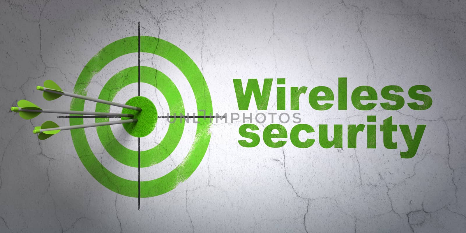 Success security concept: arrows hitting the center of target, Green Wireless Security on wall background, 3D rendering