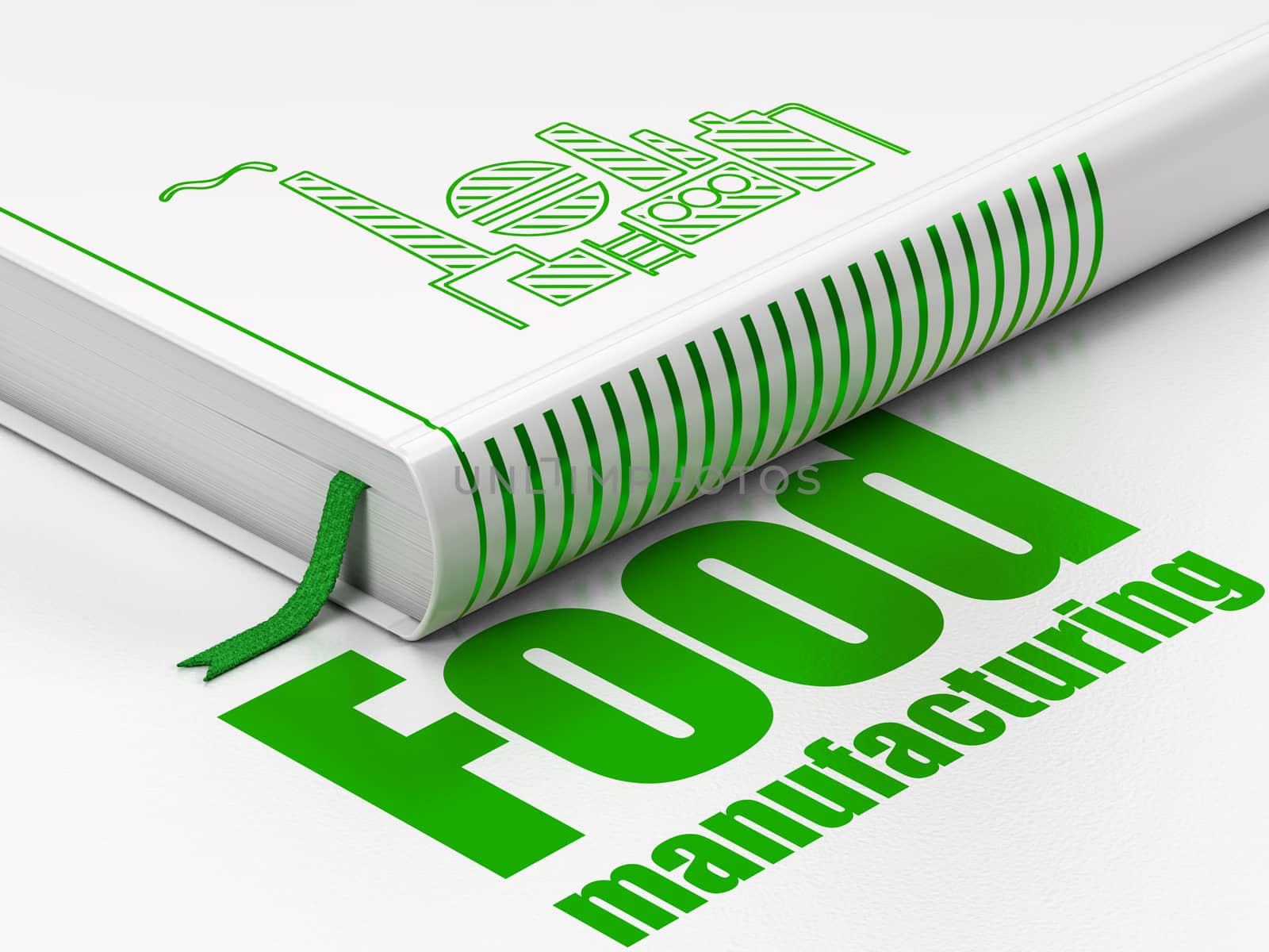 Manufacuring concept: closed book with Green Oil And Gas Indusry icon and text Food Manufacturing on floor, white background, 3D rendering