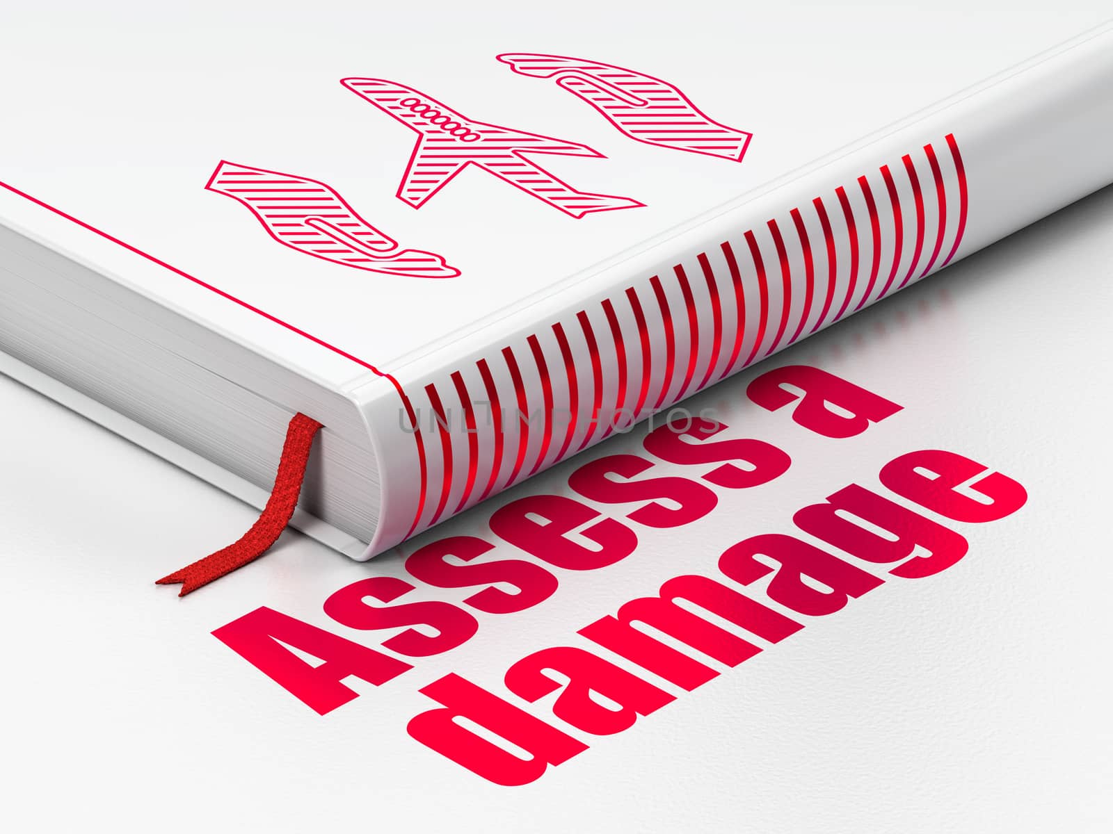 Insurance concept: closed book with Red Airplane And Palm icon and text Assess A Damage on floor, white background, 3D rendering