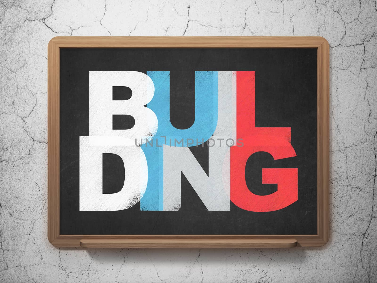 Constructing concept: Painted multicolor text Building on School board background, 3D Rendering