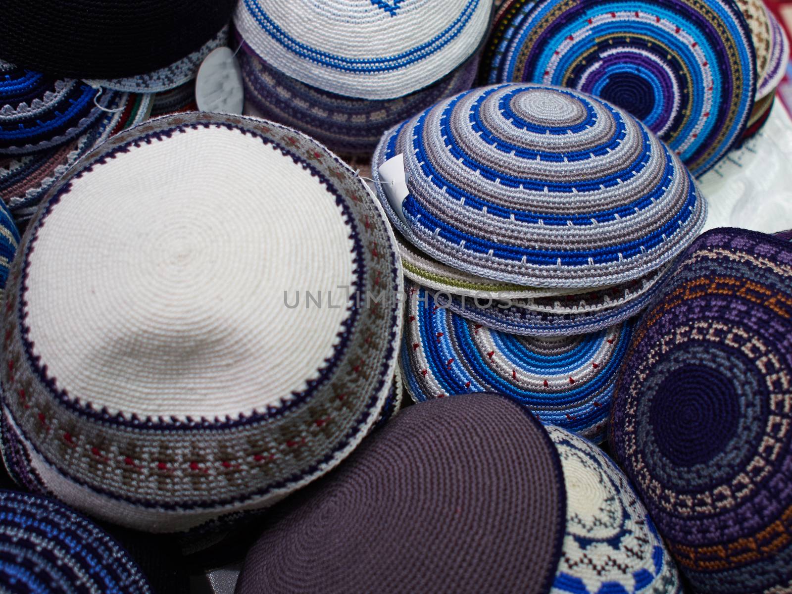 Wide Selection of Traditional Kippah Yarmulke Jewish Hats on Display