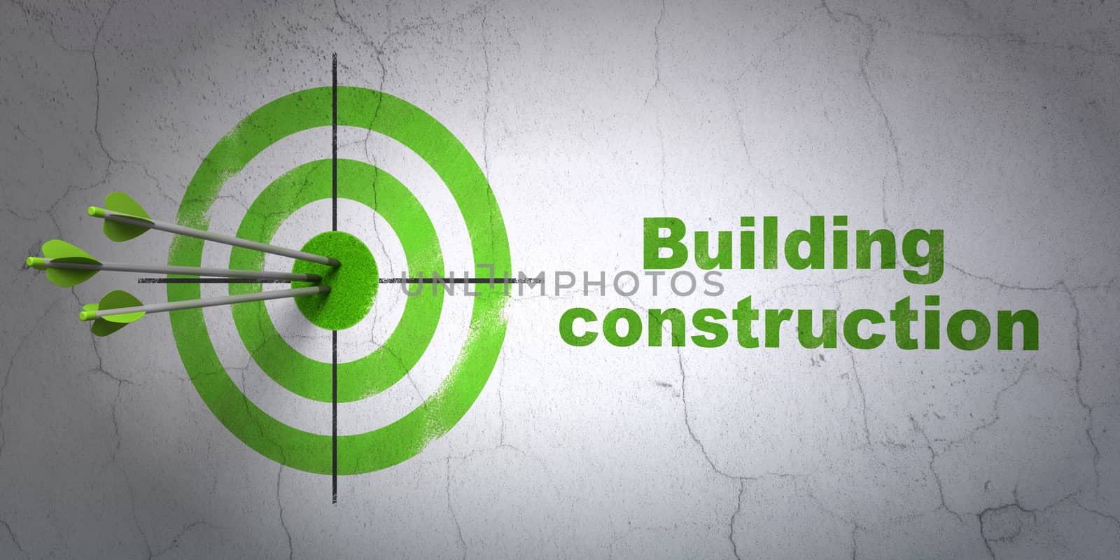 Success building construction concept: arrows hitting the center of target, Green Building Construction on wall background, 3D rendering