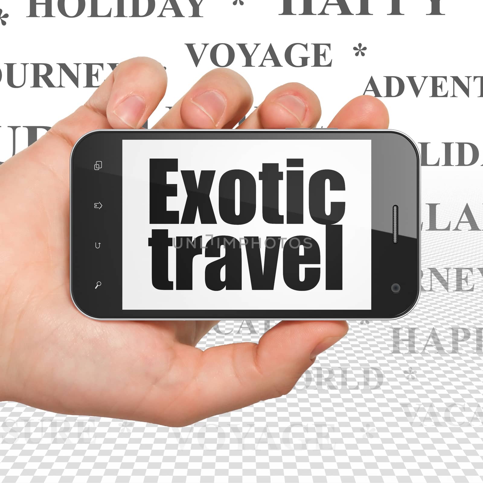 Vacation concept: Hand Holding Smartphone with  black text Exotic Travel on display,  Tag Cloud background, 3D rendering