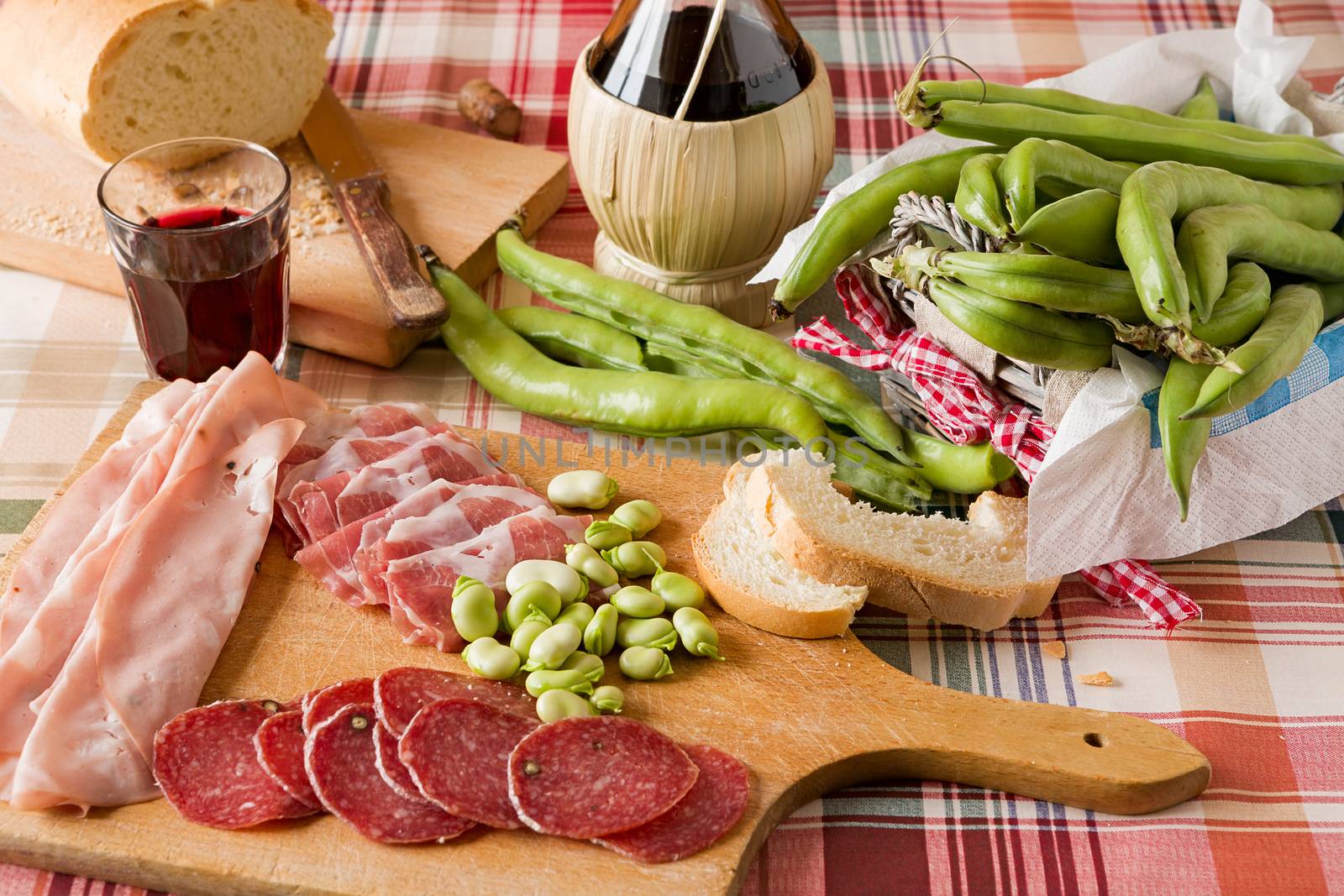 Trattoria table with cold meats and broad bean