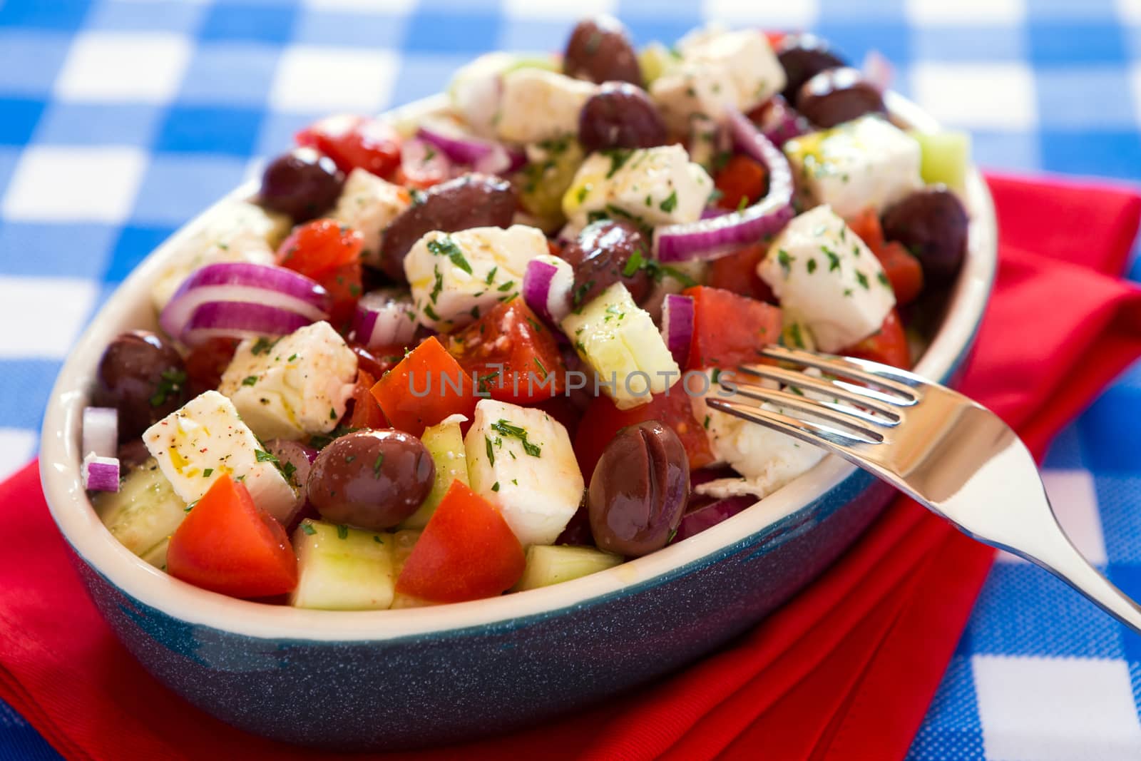 Close up of greek salad with feta cheese olives tomatoes cucumber and onions over a checkered tablecloth