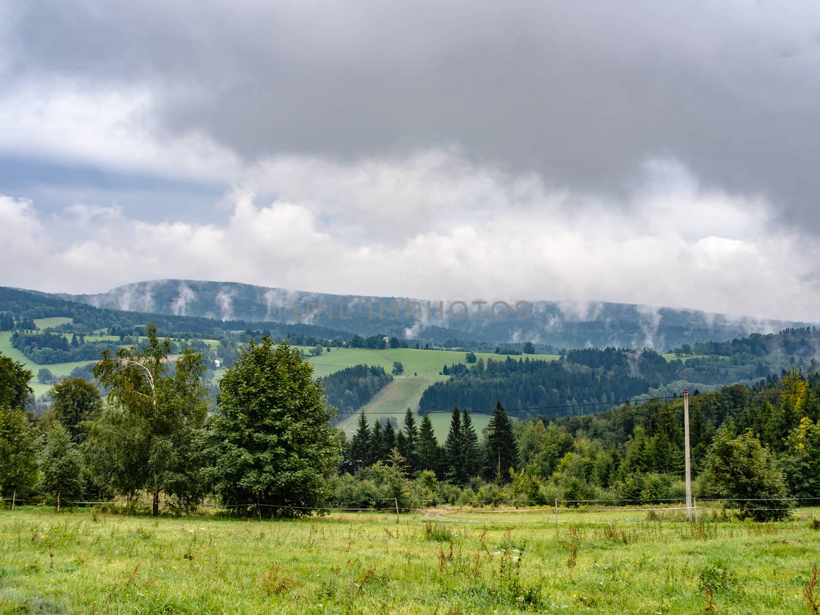 Natural cloudy misty landscape. mountain meadow and forests, both deciduous broadleaved and needle coniferous trees, electric overhead power line and horizon covered in clouds and mist, Czech republic, central Europe, Orlicke hory