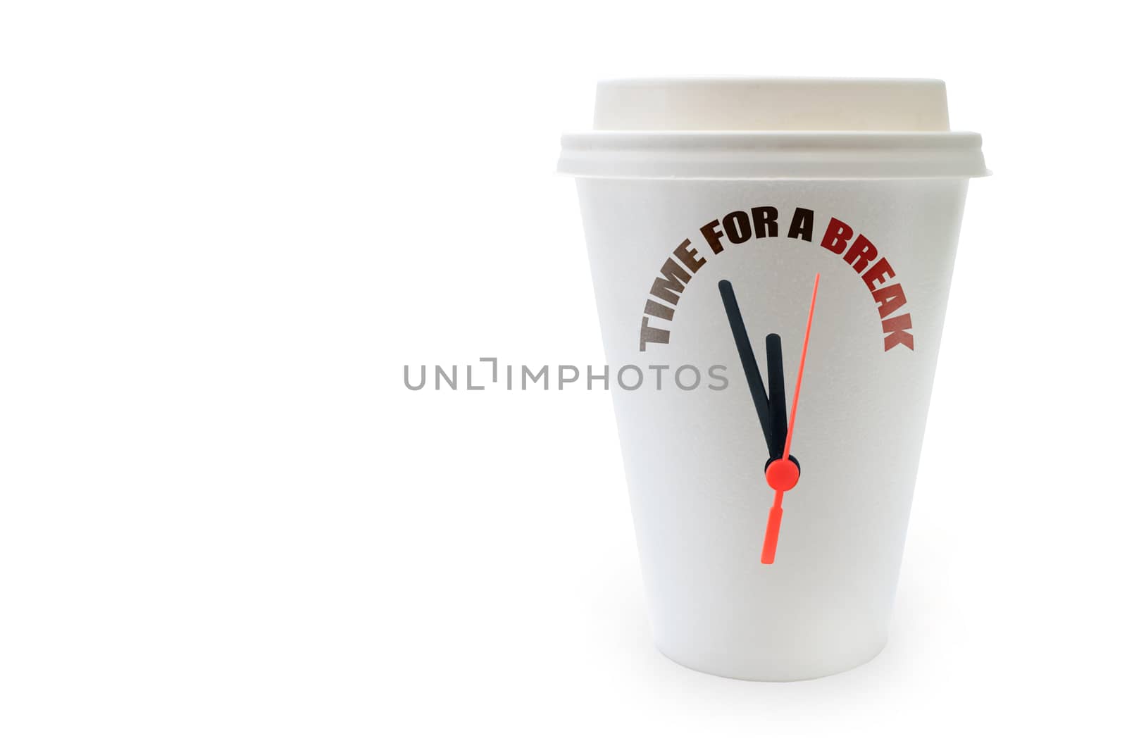 Taking a break concept with clock hands on a plastic coffee cup with background space