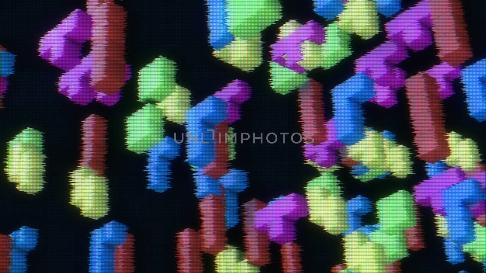 3d rendering of 3d blocks from tetris vintage game on a faded screen with tv noise.
