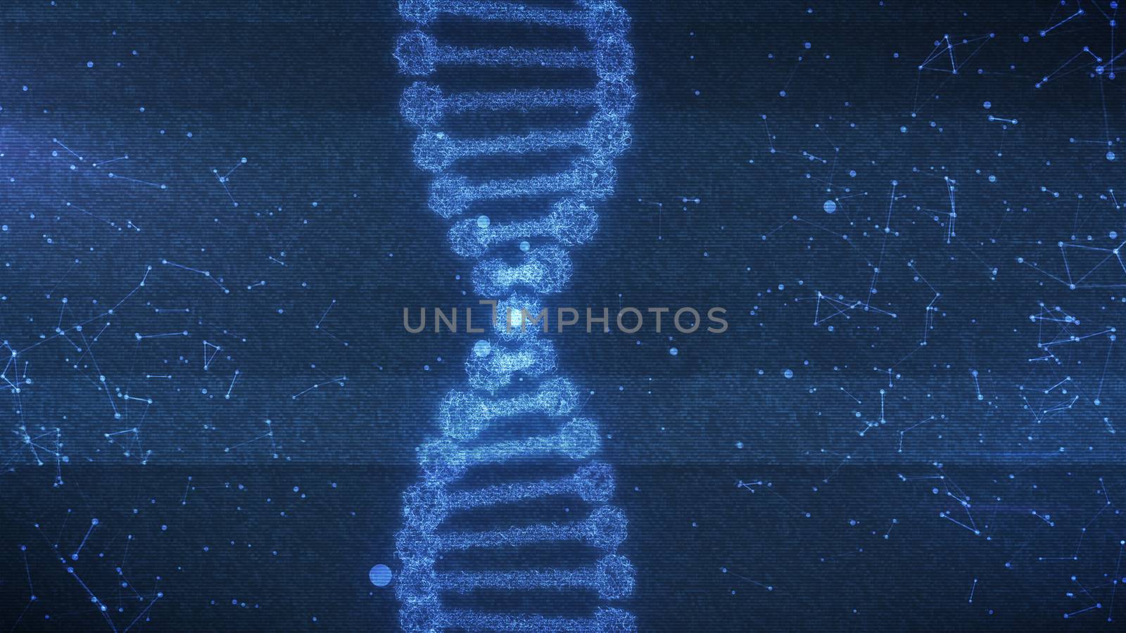 Abstract 3d rendering of Concept of biochemistry with dna molecule on dark blue background