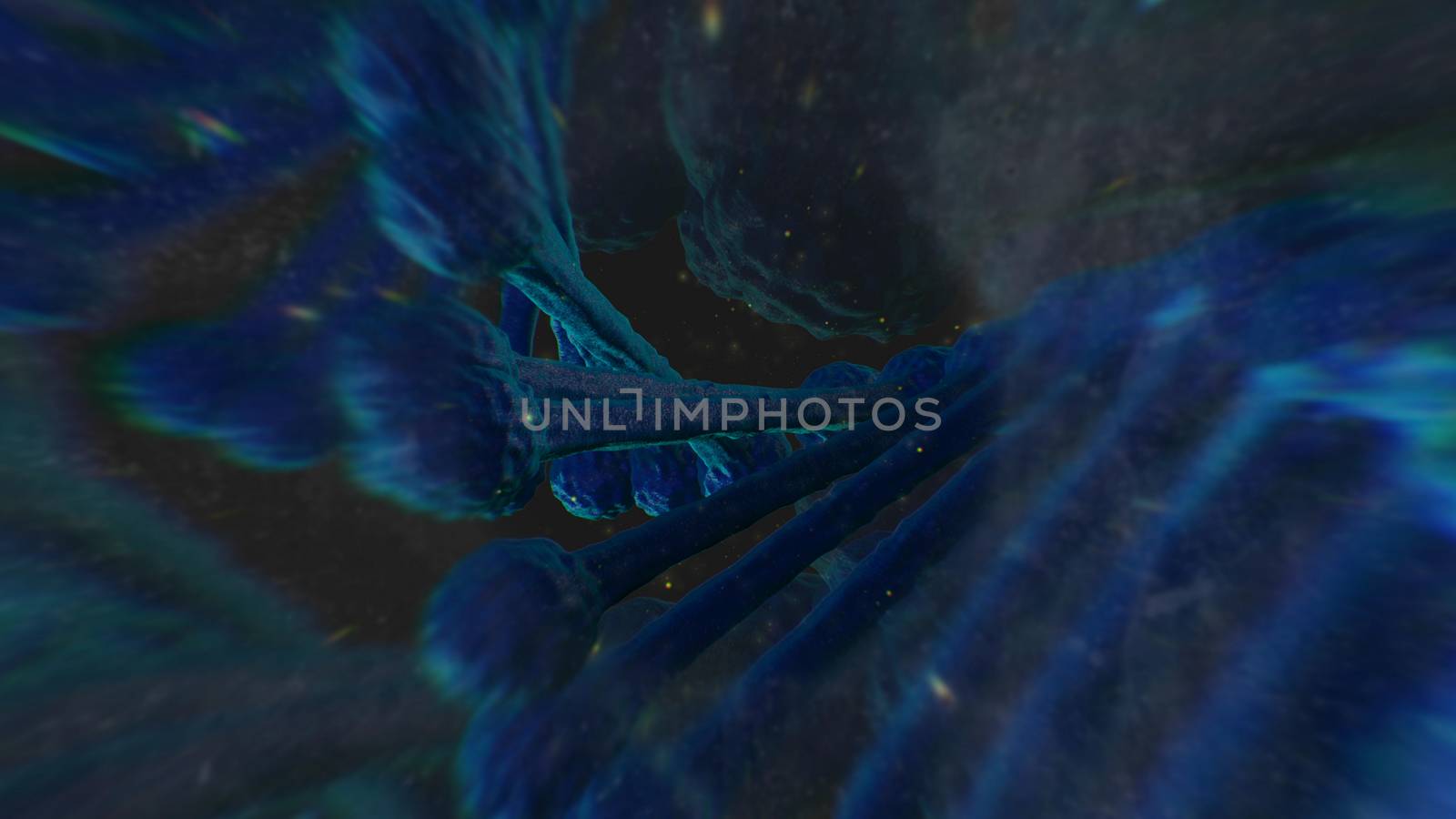 Extreme closeup DNA molecule structure under a microscope on a dark blue background. 3d rendering.
