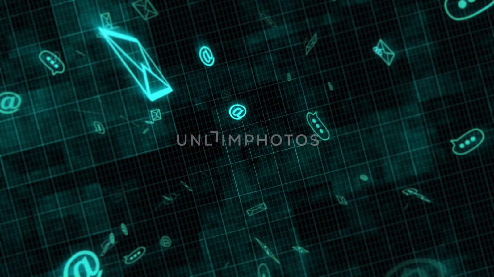 3d rendering of Sms, Email and Envelope icons in motion on a dark backdrop.