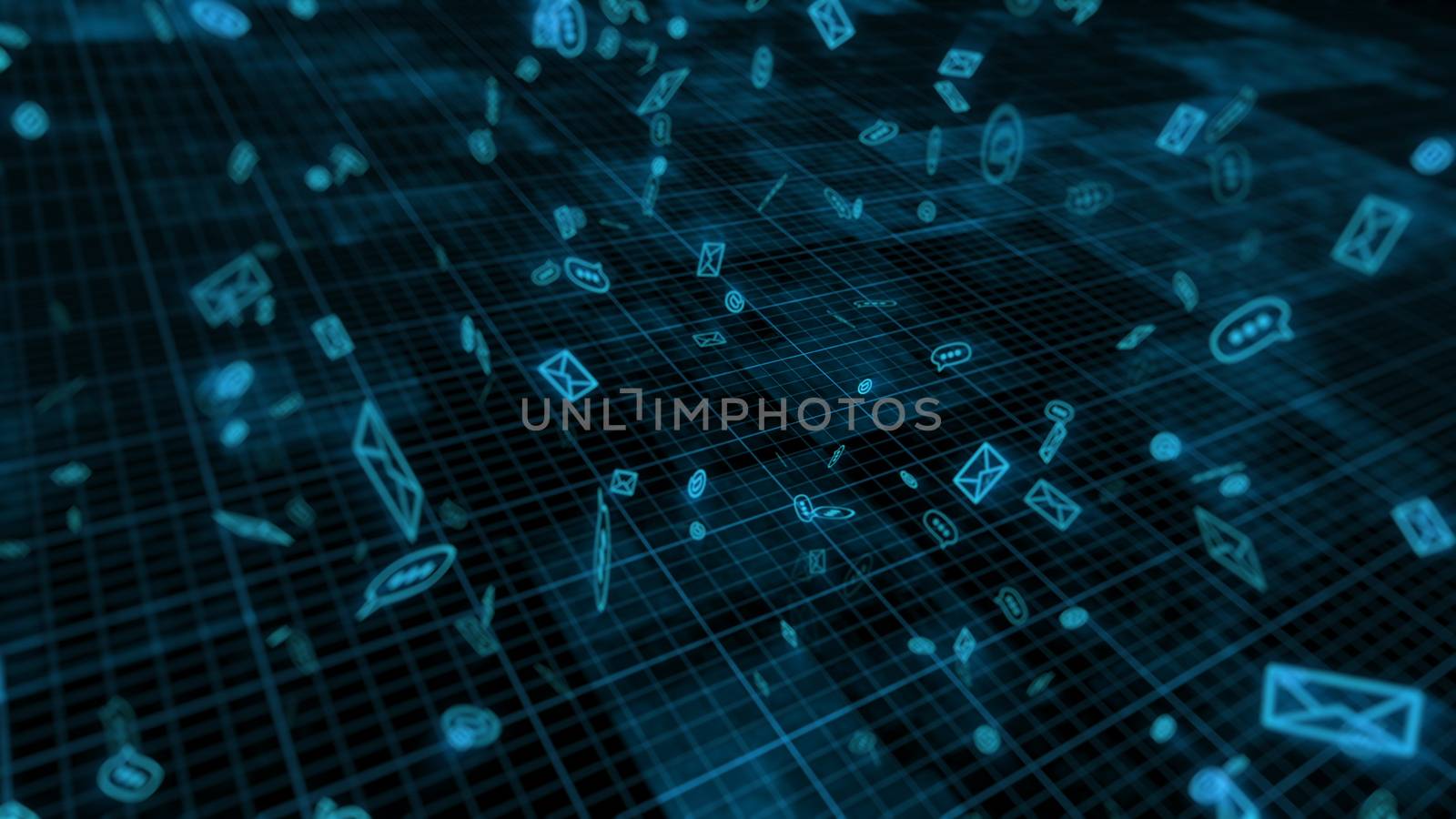 Concept of internet messaging concept on a dark grid background. 3d rendering.