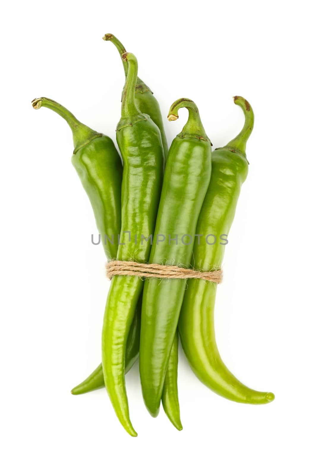 One bunch of fresh green jalapeno hot chili peppers with natural twine isolated on white background, close up, elevated top view