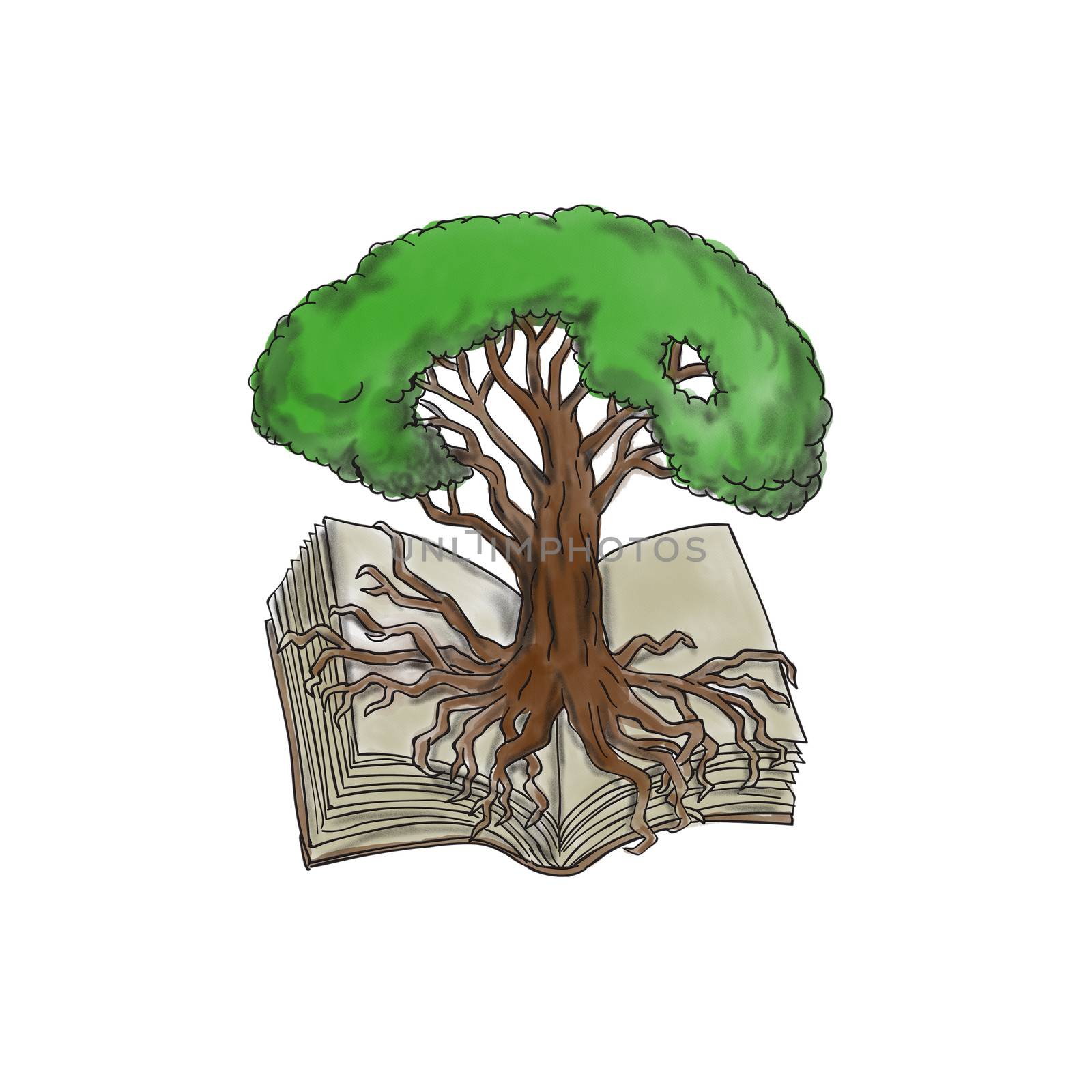 Tattoo style illustration of a tree rooted on book set on isolated white background. 