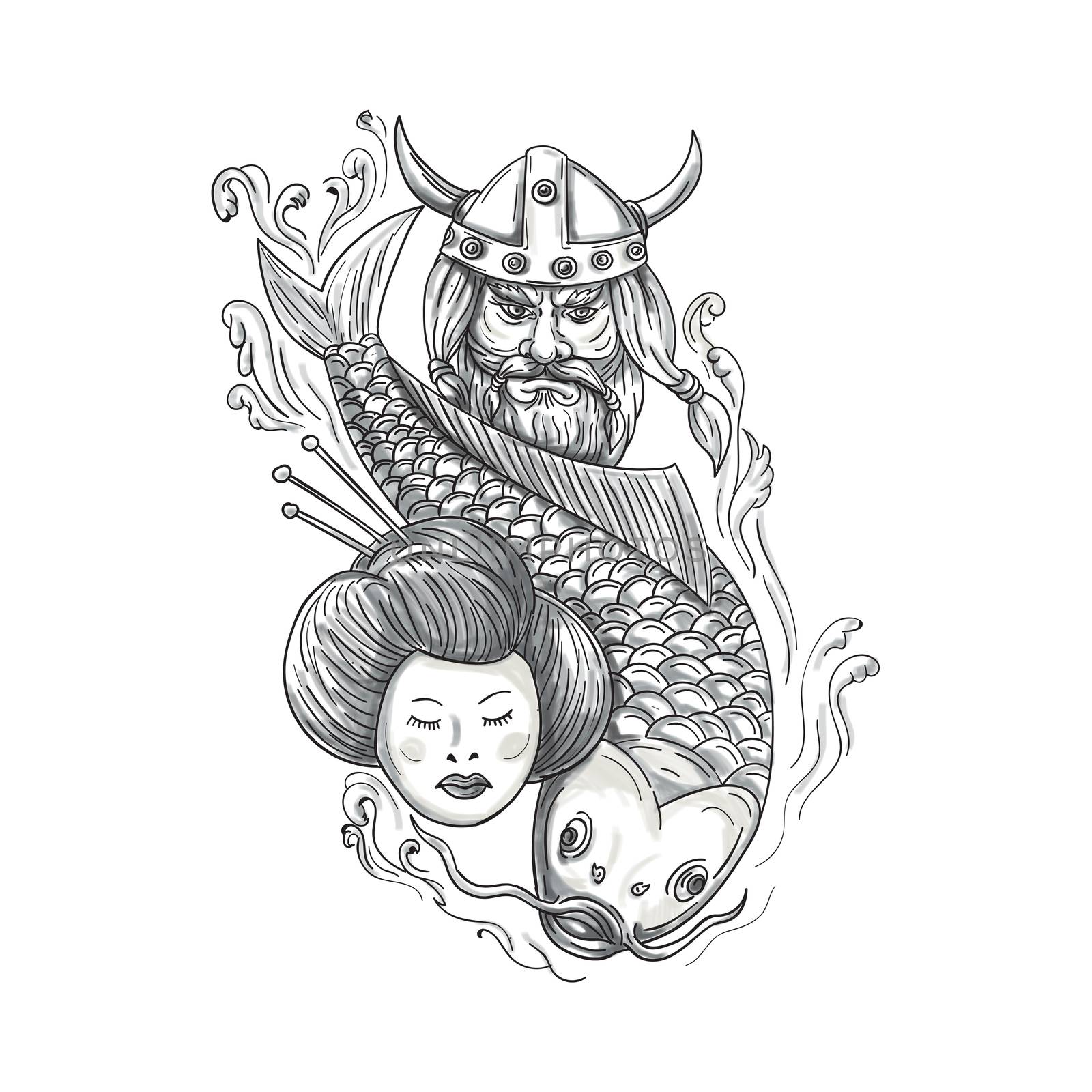 Tattoo style illustration of a head of a norseman viking warrior raider barbarian wearing horned helmet with beard, koi carp fish diving and geisha girl viewed from front set on isolated white background. 