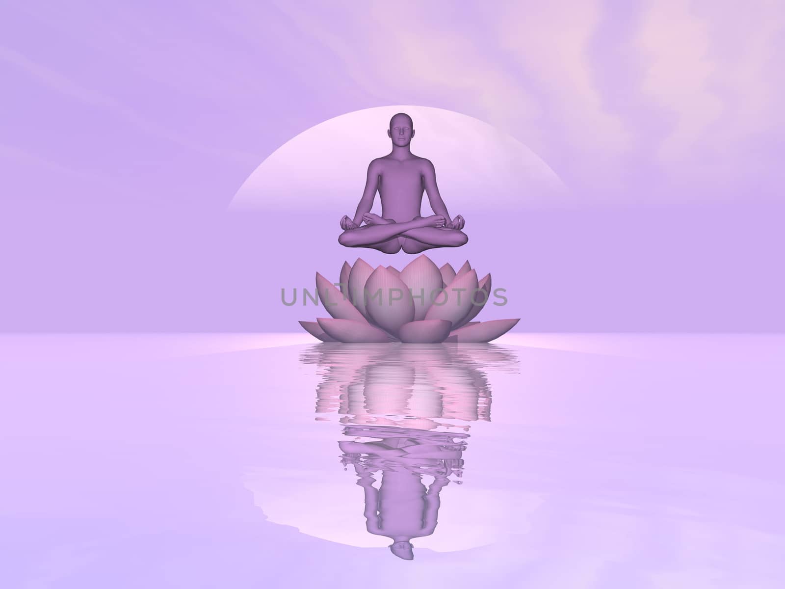 Man meditating upon single lily lotus flower and water in violet sunset background - 3D render