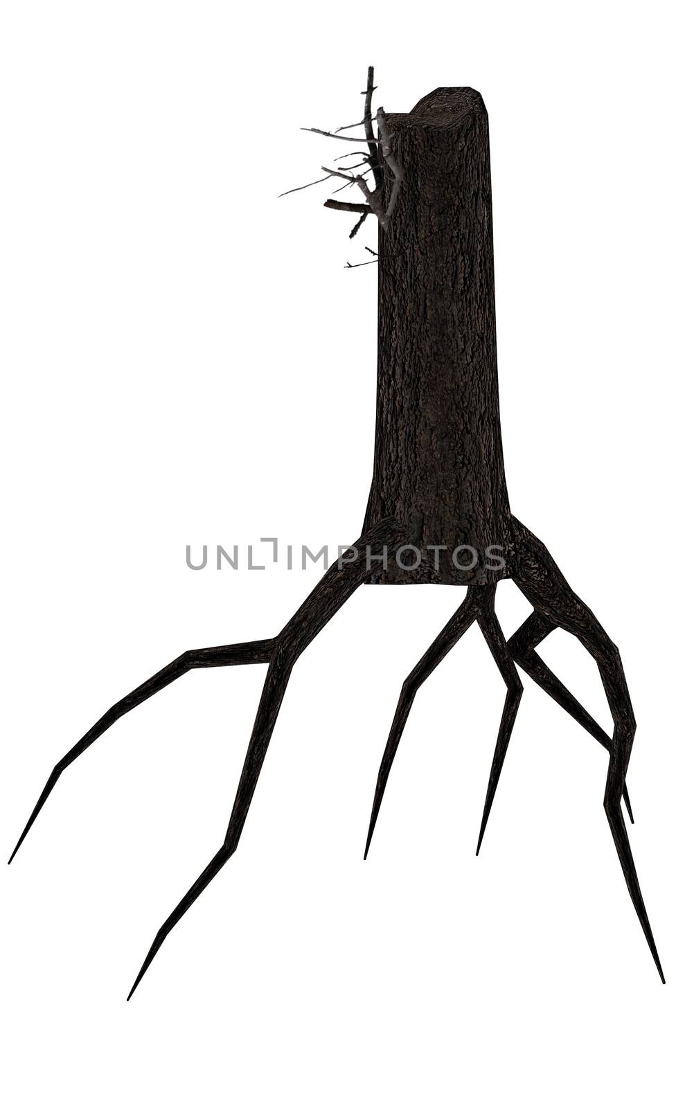 Dead tree trunk with big roots isolated in white background - 3D render