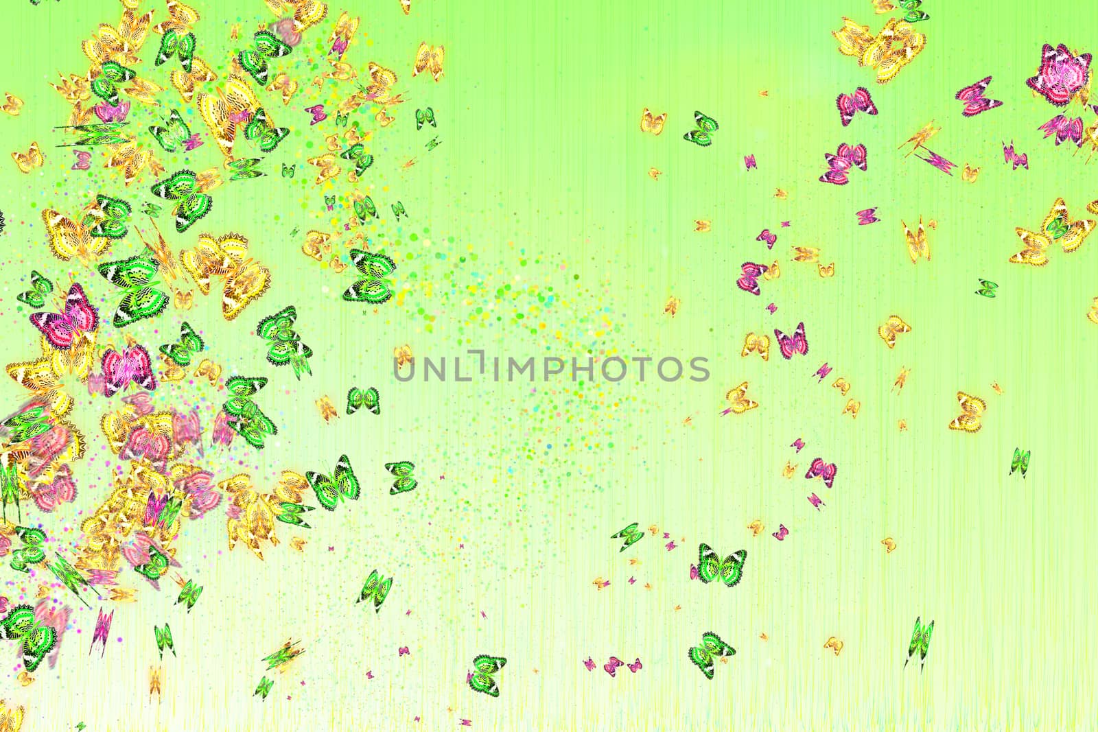 Green, yellow and pink butterflies on a light green background