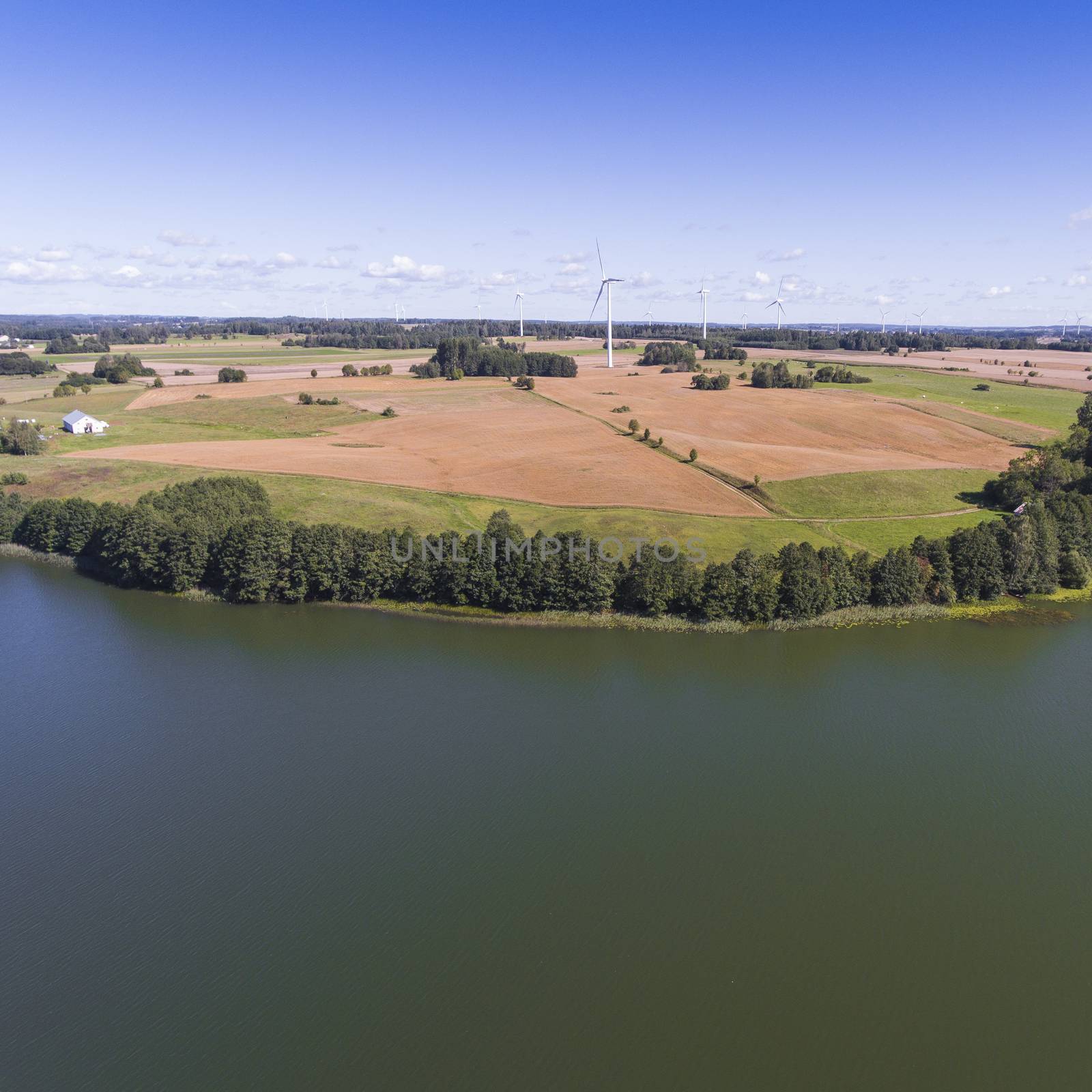 Wind turbines in Suwalki. Poland. View from above. Summer time.