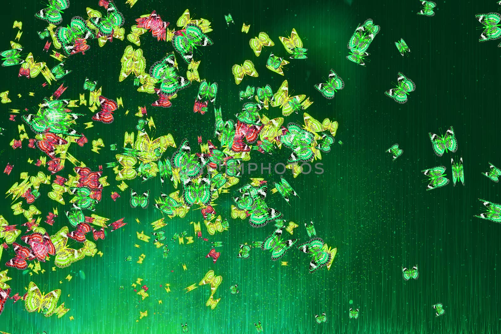 Green, yellow and pink butterflies on a dark green background