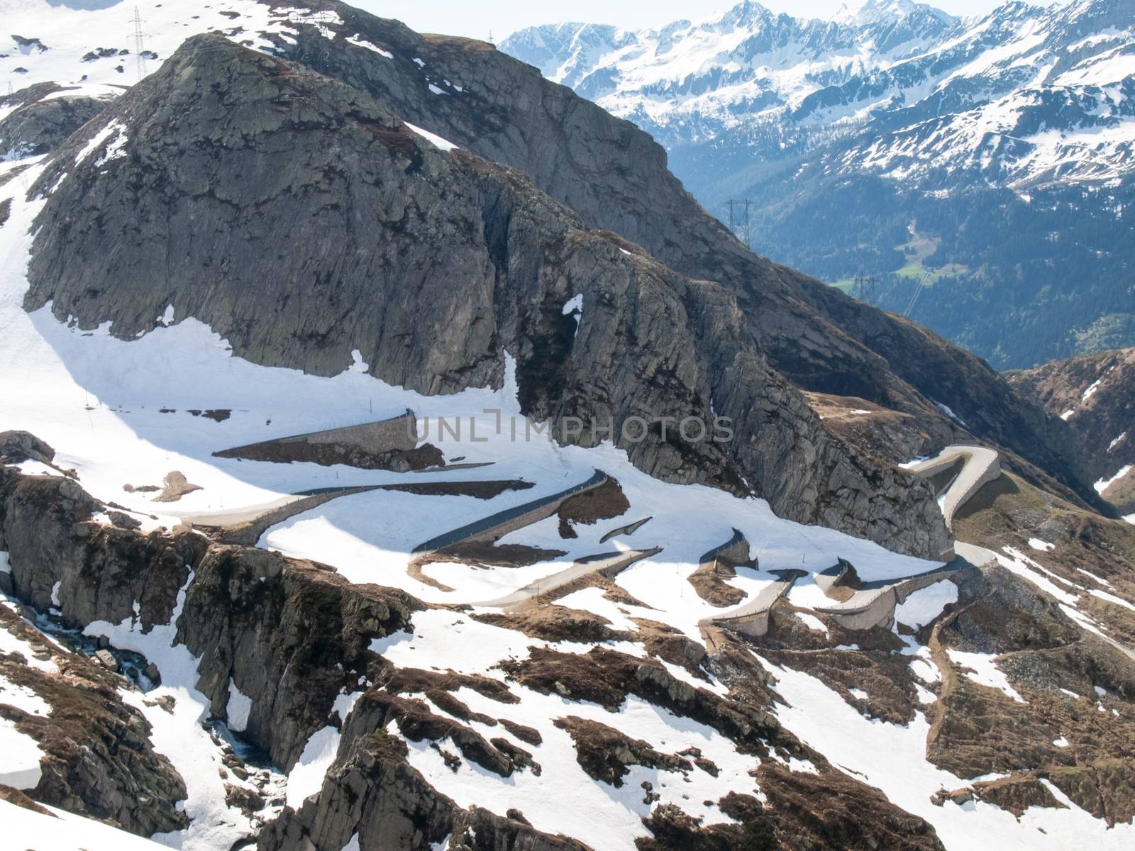Gotthardpass, Switzerland: view of the valley of Tremola. The pass is still a lot of snow in the winter