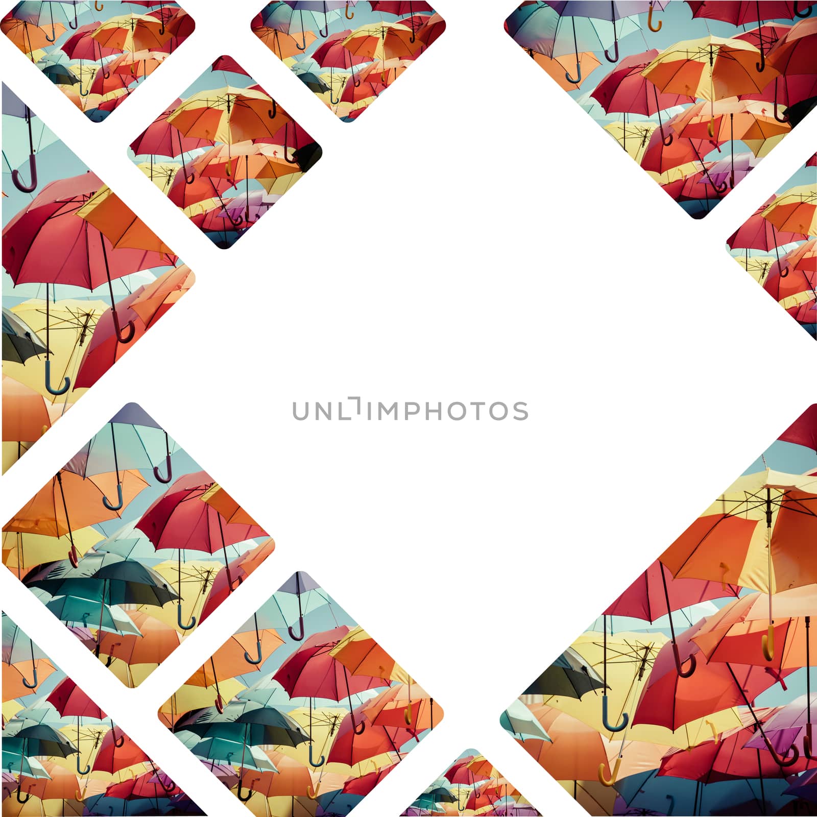 Collage of colorful umbrella street decoration. by mariusz_prusaczyk